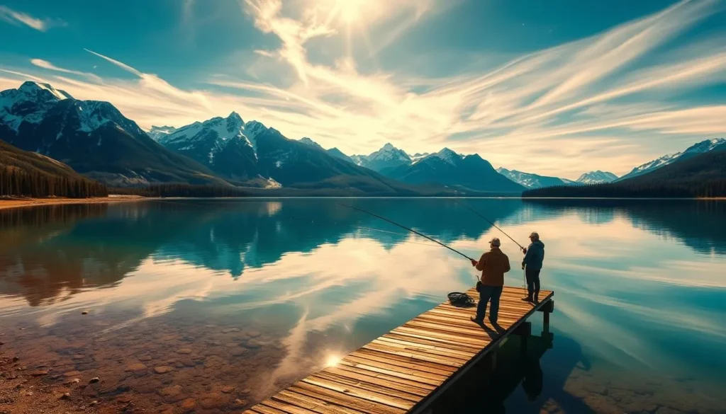 Serene fishing scene at Medicine Lake, Alberta: a serene, sun-dappled shoreline with a wooden dock extending into the still, turquoise waters. Anglers stand patiently, their lines casting out across the glassy surface, hoping to reel in a bountiful catch of trout or pike. The backdrop features towering, snow-capped mountains reflected in the lake's mirror-like surface, creating a breathtaking natural tableau. Warm, golden light filters through wispy clouds, illuminating the tranquil atmosphere. A sense of peaceful solitude pervades the scene, inviting the viewer to imagine the joys of an outdoor adventure at this picturesque Canadian wilderness destination. Serene fishing scene at Medicine Lake, Alberta: a serene, sun-dappled shoreline with a wooden dock extending into the still, turquoise waters. Anglers stand patiently, their lines casting out across the glassy surface, hoping to reel in a bountiful catch of trout or pike. The backdrop features towering, snow-capped mountains reflected in the lake's mirror-like surface, creating a breathtaking natural tableau. Warm, golden light filters through wispy clouds, illuminating the tranquil atmosphere. A sense of peaceful solitude pervades the scene, inviting the viewer to imagine the joys of an outdoor adventure at this picturesque Canadian wilderness destination.
