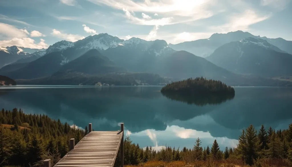 Serene glacial lakes nestled in the lush, verdant Sumava Mountains, Czechia. Calm, crystal-clear waters reflect the rugged, snow-capped peaks and dense, evergreen forests. Gentle sunlight filters through wispy clouds, casting a warm, golden glow over the tranquil scene. In the foreground, a picturesque wooden dock juts out over the still surface, inviting exploration. The middle ground features gently sloping hills and dense undergrowth, while the distant background is dominated by the majestic, towering mountains. Convey a sense of peaceful solitude and the beauty of this pristine, untouched natural landscape.