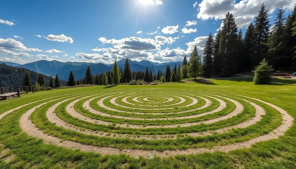 Serene labyrinth meditation park in Grande Cache with stunning mountain views