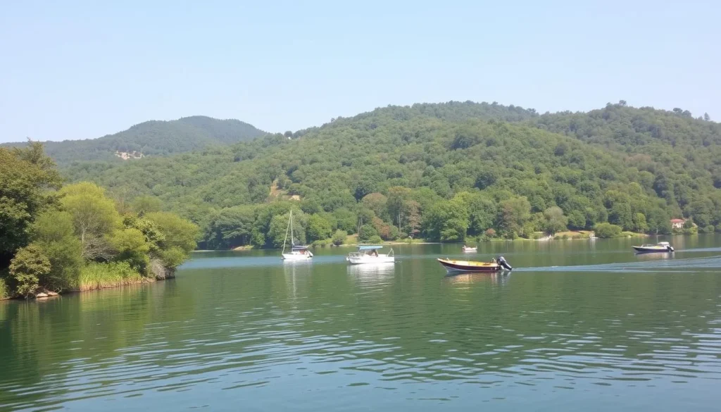 Serene lake scene with boats and lush greenery surrounding Hipparga Lake