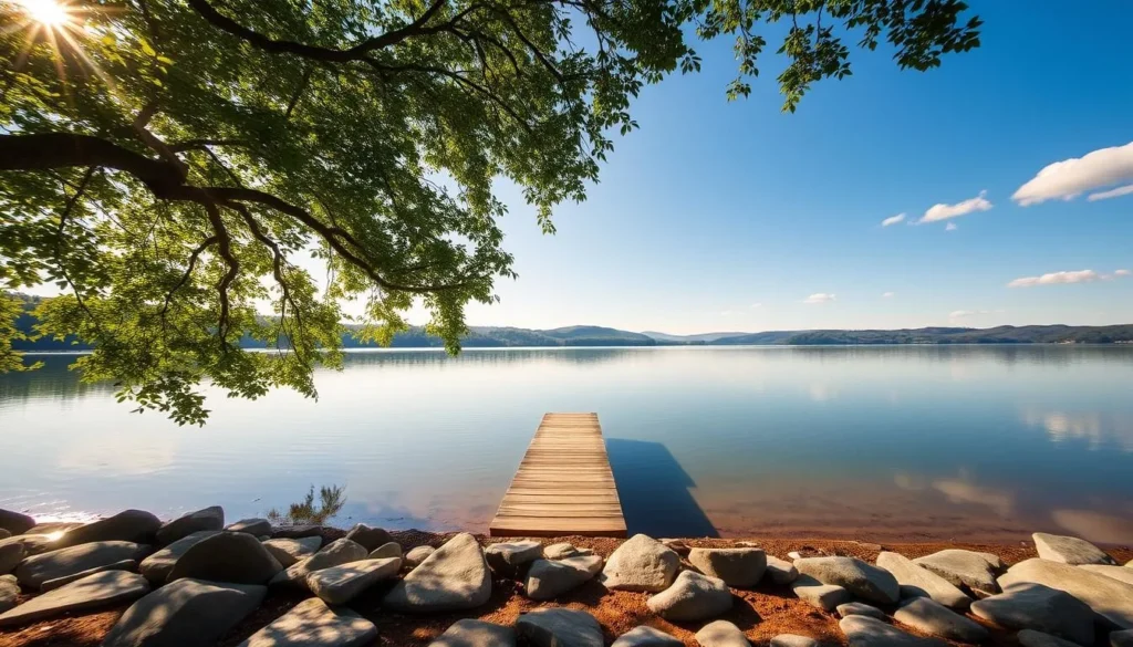 Serene lakeside meditation spot, with a tranquil body of water reflecting the surrounding lush greenery. Sunlight filters through the canopy of trees, casting a warm, golden glow on the scene. A small, wooden dock extends into the lake, inviting visitors to sit and bask in the peaceful ambiance. Smooth, flat stones line the shore, creating a natural meditation platform. In the distance, rolling hills and a few scattered clouds complete the idyllic landscape, evoking a sense of calm and restoration.