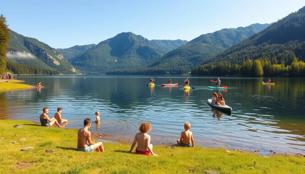 Serene lakeside scene at Lake Vansjo, Norway, on a sunny summer day. Families enjoying outdoor activities - children playing in the shallow waters, parents relaxing on the grassy shore, others kayaking or stand-up paddleboarding across the calm, mirror-like surface. Surrounding mountains and lush green forests create a picturesque, peaceful atmosphere. Warm natural lighting illuminates the idyllic setting, captured with a wide-angle lens to convey the expansive scale of the landscape. The overall mood is one of tranquility, recreation, and quality time spent together in a stunning natural environment.