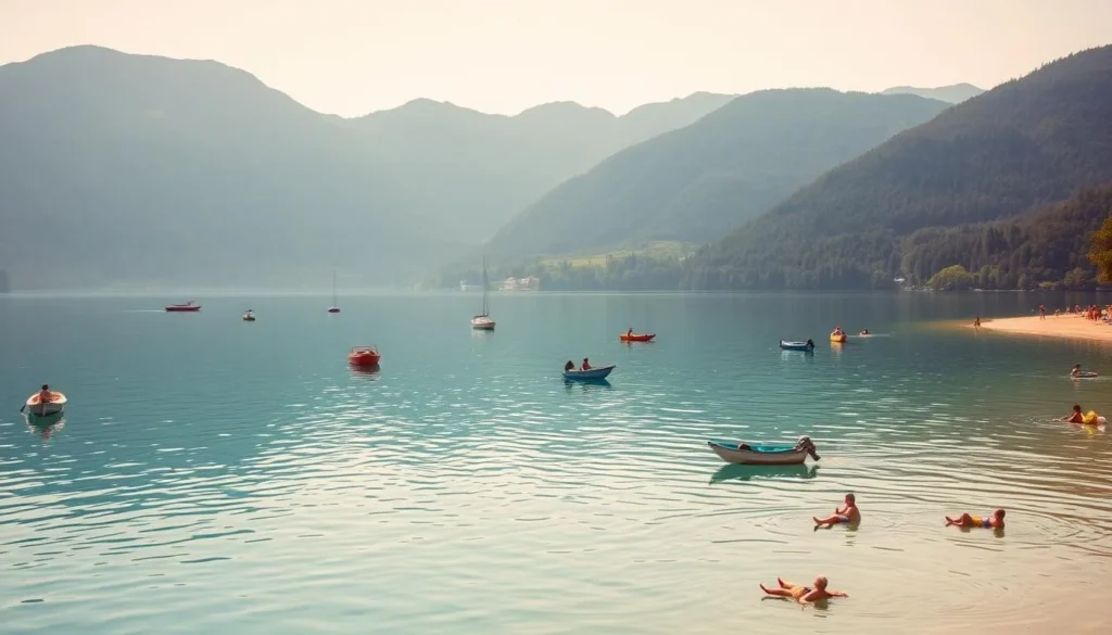 Serene lakeside scene with azure waters of Lake Lipno, Czechia. Boats and kayaks dot the surface, their vibrant colors reflecting in the calm, mirror-like expanse. Towering mountains rise in the distance, their verdant slopes framing the tranquil landscape. People engage in various activities - swimming, sunbathing on the sandy beaches, and exploring the surrounding nature trails. Warm, golden sunlight bathes the entire scene, creating a sense of idyllic calm and relaxation. The image conveys the beauty and allure of Lake Lipno as a premier outdoor destination.