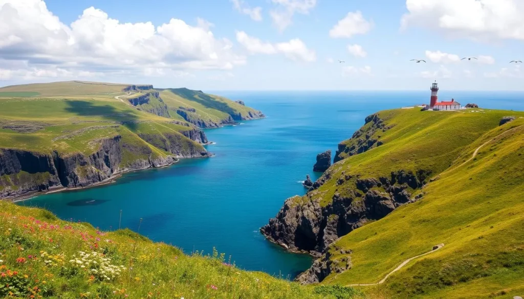 Serene landscape of Lundy Island, nestled in the tranquil Bristol Channel. Rolling hills dotted with wildflowers, rugged cliffs plunging into the deep azure waters. A picturesque lighthouse stands guard, its beam sweeping across the horizon. Fluffy clouds drift lazily overhead, casting gentle shadows on the lush, verdant meadows. Seabirds soar on the cool ocean breeze, their cries echoing across the island's secluded coves. Warm sunshine bathes the scene in a golden glow, inviting exploration of this hidden gem. Capture the essence of Lundy's serene natural beauty, a true oasis of calm in the heart of the Bristol Channel.