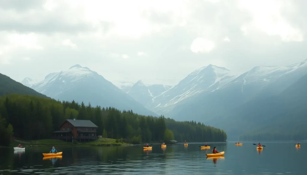 Serene landscape of a Norwegian fjord, with snow-capped mountains in the background and lush green forests in the foreground. A small, eco-friendly lodge nestled along the water's edge, its timber construction blending seamlessly with the natural surroundings. Kayaks and small boats dot the calm, reflective surface of the fjord, their occupants enjoying the tranquility of the scene. Soft, diffused sunlight filters through the clouds, creating a warm, inviting atmosphere. The focus is on the harmony between human activity and the unspoiled natural beauty of the Kjolen National Park.