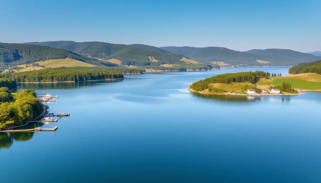 Serene landscape of the Nove Mlyny Reservoirs in Czechia, with calm, crystalline waters reflecting the surrounding lush greenery and rolling hills. Capture the tranquil atmosphere, with soft natural lighting illuminating the scene. Showcase the main reservoir, its shores dotted with quaint piers and wooden docks inviting visitors to explore. In the distance, gently sloping forested hills frame the vista, creating a picturesque and inviting setting for outdoor activities and leisure. Convey the peaceful ambiance and the beauty of this scenic natural wonder.