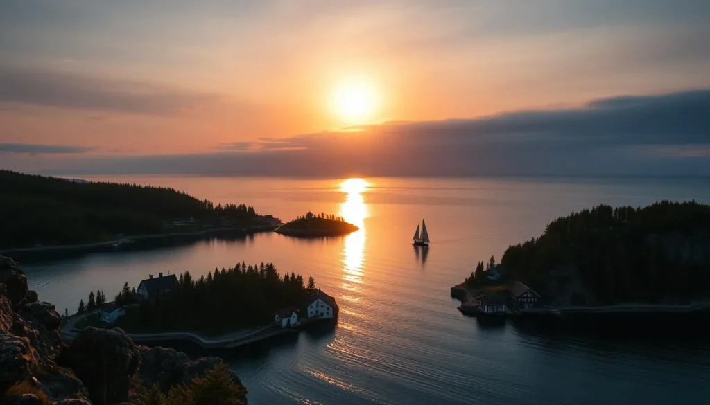 Serene midnight sun over the Finnish archipelago, the calm waters of the Baltic Sea reflecting the warm golden glow. Picturesque islands dotted with traditional wooden cottages and the occasional lone sailboat gliding across the tranquil surface. Dramatic cliffs and forested headlands frame the scene, creating a sense of timeless beauty. Capture the essence of this magical Nordic landscape with a cinematic, wide-angle perspective and a soft, dreamlike focus, evoking a profound sense of peace and connection with nature.