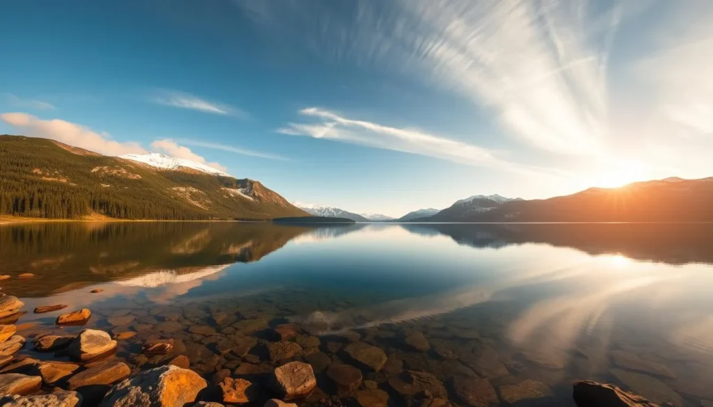 Serene panorama of Lake Nisser, Norway's pristine alpine waters reflecting the surrounding lush forests and snow-capped peaks under a warm, golden hour sky. Capture the tranquil scene from a low angle, showcasing the lake's crystalline surface that gently laps at the rocky shoreline. Utilize a wide-angle lens to emphasize the majestic scale of the natural landscape, with wispy clouds drifting overhead. Convey a sense of peace and harmony as the viewer is immersed in the unspoiled beauty of this idyllic Nordic setting.