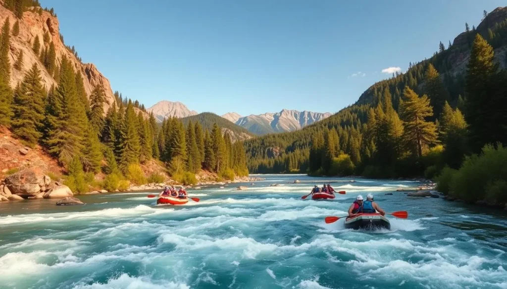 Serene rapids of the Arkansas River rush through a scenic mountain landscape. In the foreground, a group of adventurous rafters navigate the frothy waters, their paddles cutting through the turquoise current. The mid-ground features lush, verdant pine forests clinging to the rocky canyon walls, while the distant peaks of the Rockies rise majestically against a cloudless azure sky. Warm, golden sunlight filters through the scene, casting a natural, inviting glow. Capture the thrill and tranquility of this quintessential Colorado summer adventure.