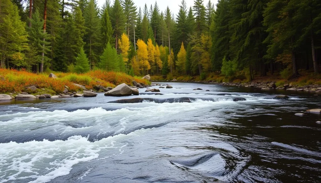 Serene rapids on the Kiiminki River, surrounded by lush Finnish forest