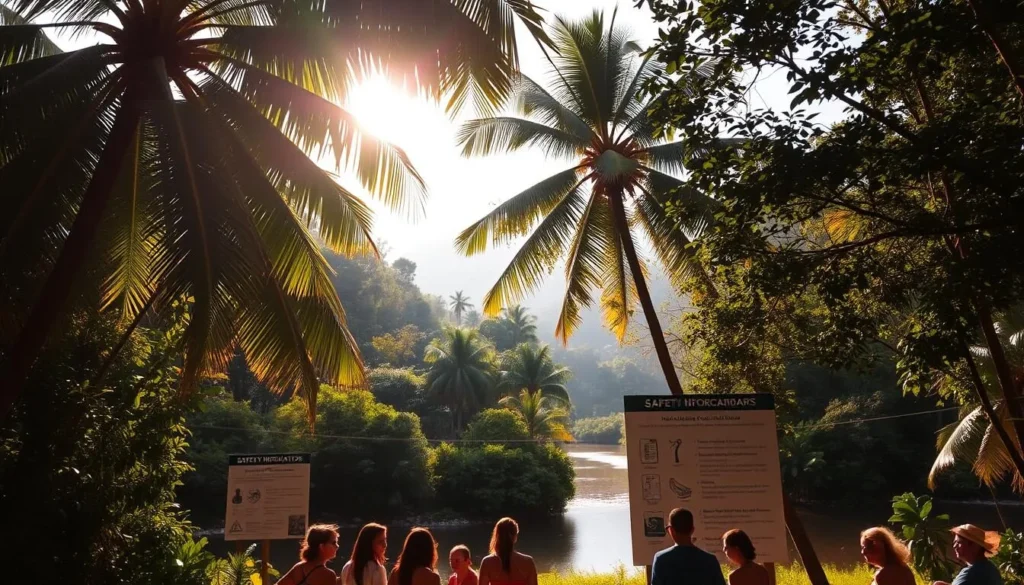 Serene tropical landscape with towering palm trees, lush foliage, and a gently winding river. In the foreground, a group of people gather around a notice board displaying safety information - first aid tips, emergency contact numbers, and wildlife precautions. Warm, golden sunlight filters through the leaves, casting a peaceful ambiance. The scene conveys a sense of tranquility and security, inviting visitors to explore the natural wonders of Totness with confidence and care.