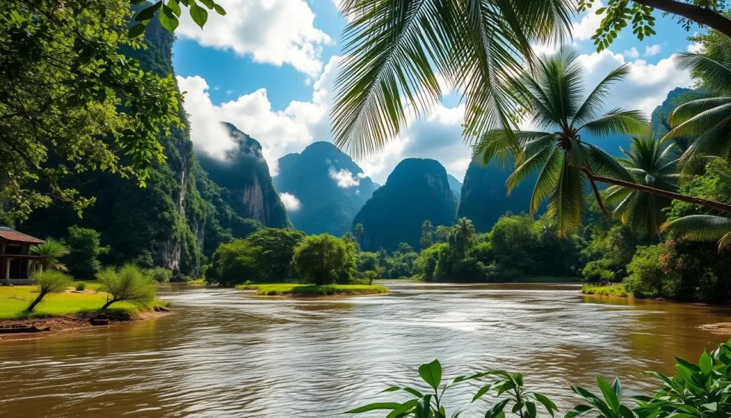Serene vista of Kanchanaburi in January: lush, verdant landscapes with towering limestone cliffs cloaked in mist, a gently flowing river reflecting the azure sky, dappled sunlight filtering through swaying palms. Vibrant, tropical flora and fauna thrive in the mild, temperate weather, creating an idyllic, postcard-perfect scene. Capture the region's natural splendor with a wide-angle lens, showcasing the majestic, rugged terrain juxtaposed against the tranquil waterways. Convey a sense of peaceful, unhurried serenity, inviting the viewer to immerse themselves in the serene, rejuvenating ambiance of Kanchanaburi during the ideal travel season.