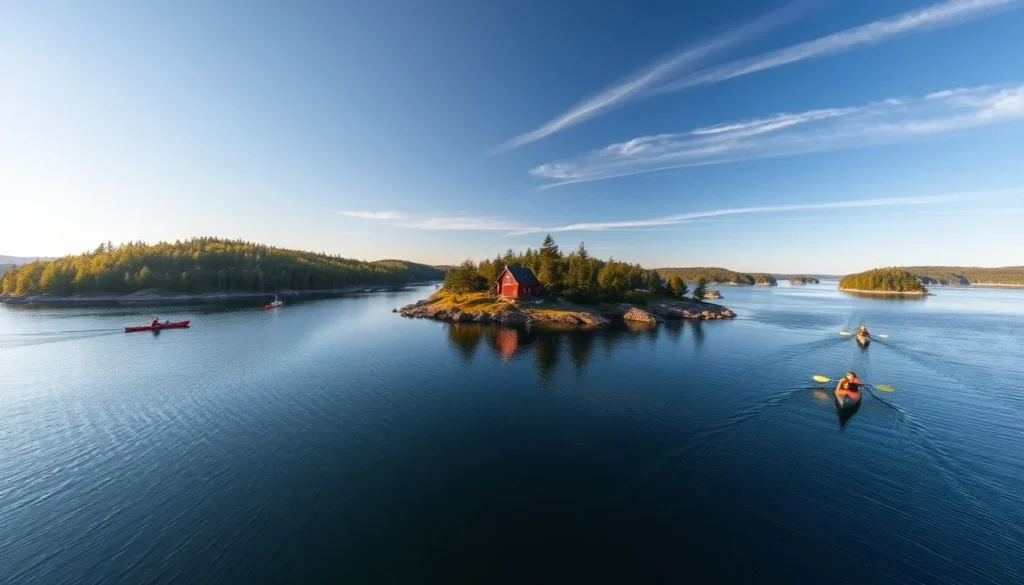 Serene waters of the Stockholm Archipelago, dotted with picturesque islands and rocky shores. Sunlight dances across the calm surface, casting a warm glow on the lush, verdant forests that cover the land. In the foreground, a traditional red wooden house nestled among the trees, its reflection mirrored in the crystal-clear waters. Kayakers glide silently through the peaceful channels, taking in the tranquil beauty of this Swedish paradise. The sky is clear, with just a few wispy clouds drifting overhead, creating a sense of timeless tranquility. Capture the essence of this captivating region, a true gem of Scandinavia.