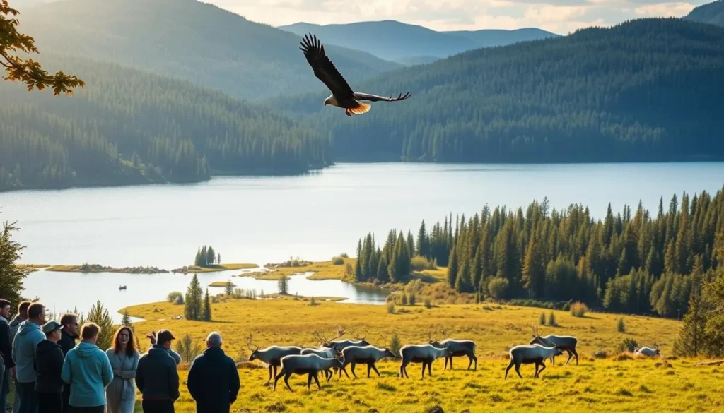 Serene wilderness in Femundsmarka National Park, Norway. A picturesque lake surrounded by lush, verdant forests and rolling hills. In the foreground, a group of people quietly observe a herd of reindeer grazing peacefully on the lush meadow. Soft, warm sunlight filters through the canopy, casting a gentle glow on the scene. A bald eagle soars overhead, its majestic wings outstretched against a clear blue sky. The tranquil atmosphere invites visitors to immerse themselves in the beauty of this pristine natural environment and witness the diverse wildlife that thrives within it.