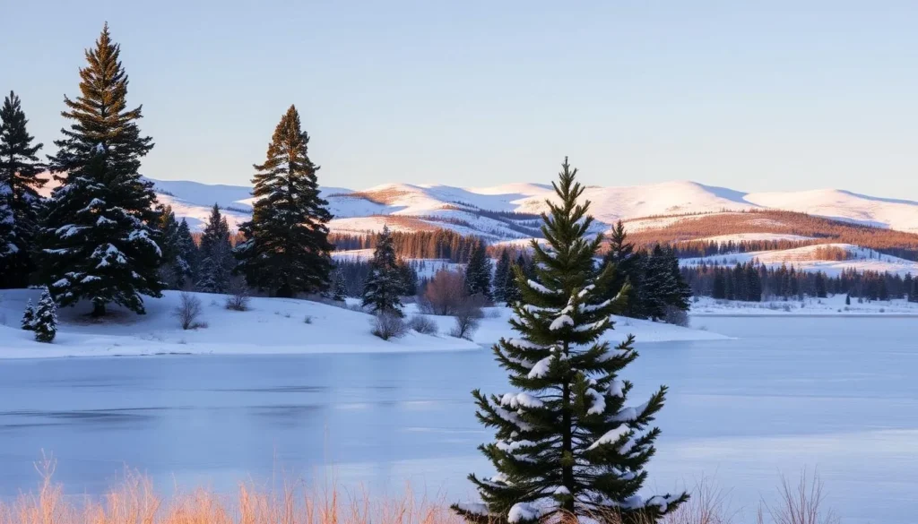 Serene winter landscape in Paraguay, a picturesque scene unfolding under a crisp, clear sky. Rolling hills blanketed in a soft layer of pristine snow, their contours accentuated by the warm, golden light of the sun. In the foreground, a tranquil frozen lake reflects the surrounding natural beauty, its surface a mirror-like expanse of ice. Towering evergreen trees, their branches laden with snow, frame the serene vista, creating a sense of peaceful solitude. The atmosphere is one of quiet contemplation, a moment of respite from the hustle and bustle of everyday life.