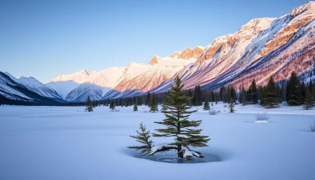 Serene winter landscape in Skarvan og Roltdalen National Park, Norway. Pristine snow-covered mountains rise majestically in the background, their peaks kissed by soft golden light. In the foreground, a tranquil frozen lake reflects the towering peaks and the crisp, clear sky above. Scattered evergreen trees dot the scene, their branches weighed down by delicate layers of snow. The overall atmosphere is one of peaceful solitude, inviting the viewer to immerse themselves in the quiet beauty of this Nordic winter wonderland.