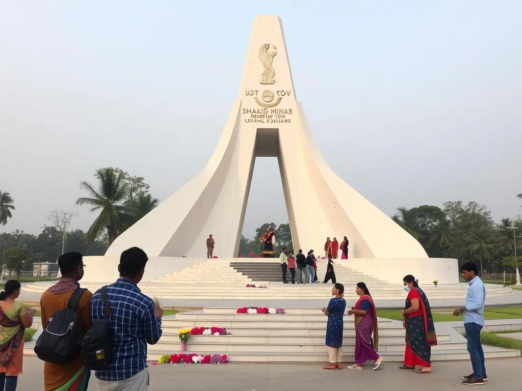 Shahid Minar memorial in Jamalpur with visitors paying respects