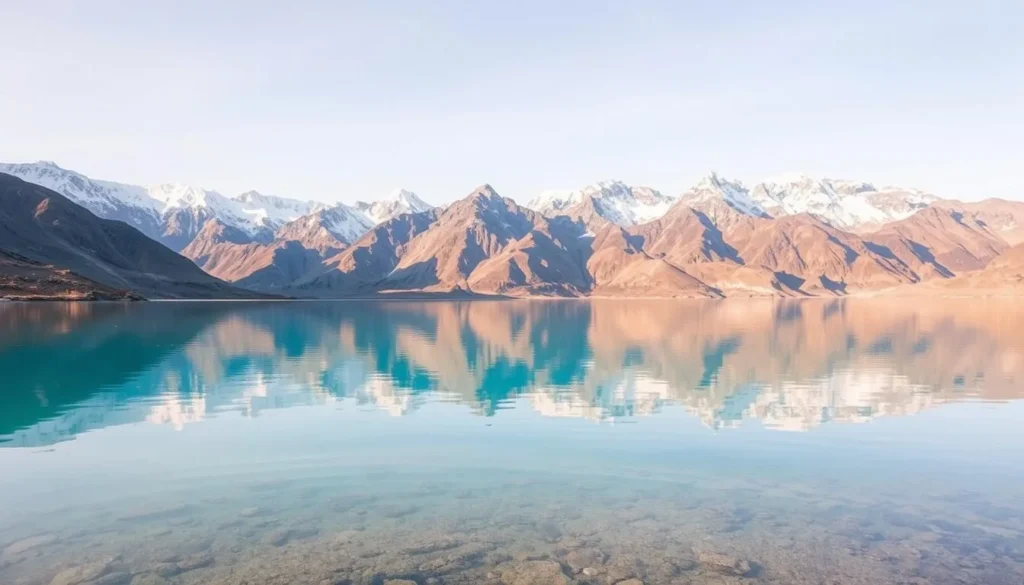 Shandur Lake with crystal clear water reflecting surrounding mountains