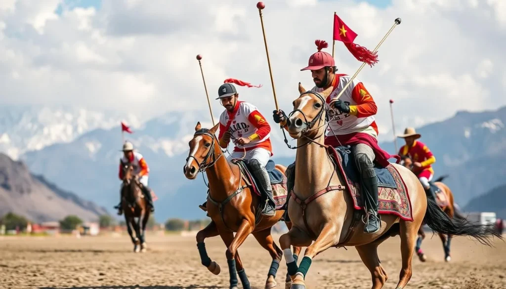 Shandur Polo Festival action shot with players on horseback competing at the world's highest polo ground
