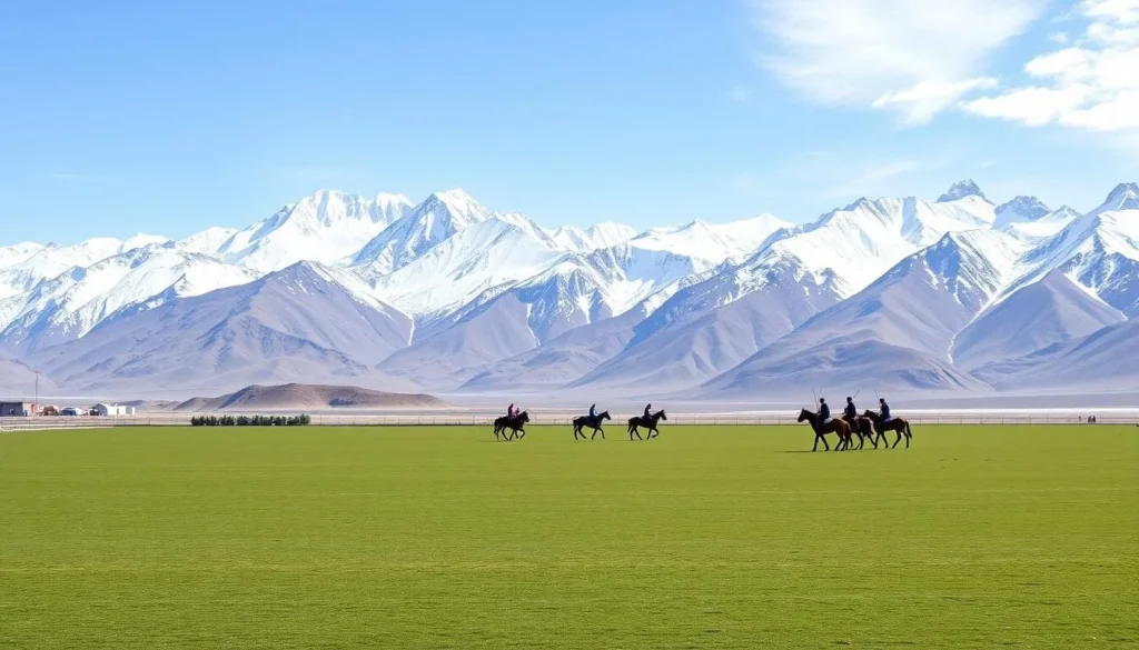 Shandur Polo Ground with mountains in the background and players preparing for a match