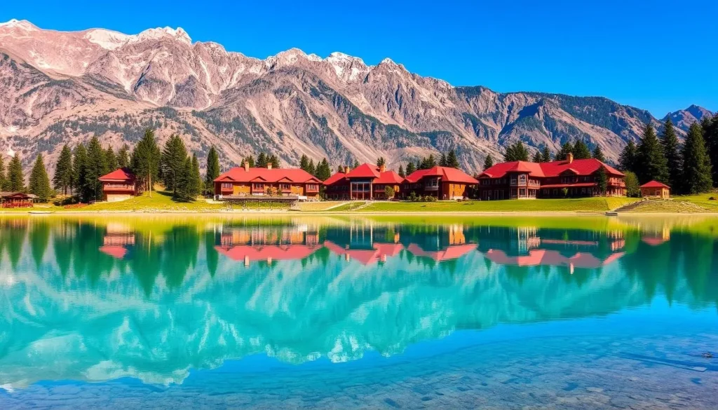 Shangrila Resort at Lower Kachura Lake with traditional red-roofed buildings reflected in the turquoise water
