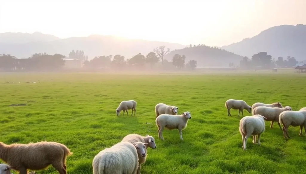 Sheep grazing at Bheda Farm with misty hills in the background