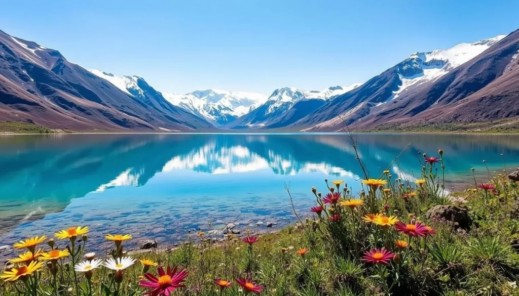 Sheosar Lake in Deosai National Park with mountains reflecting in crystal clear water
