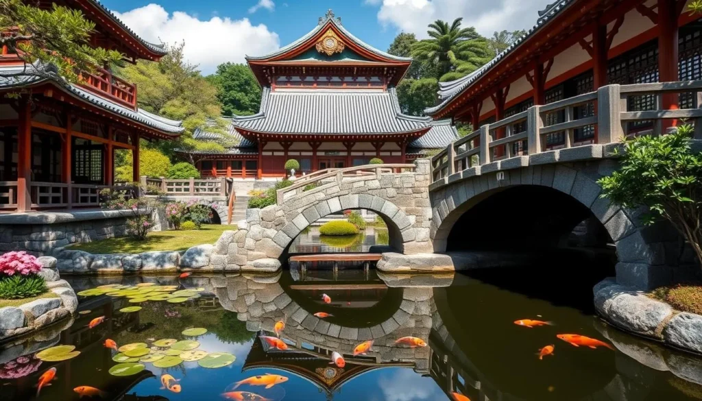 Shikina-en Royal Garden with traditional wooden palace, stone bridges and koi pond Shikina-en Royal Garden with traditional wooden palace, stone bridges and koi pond