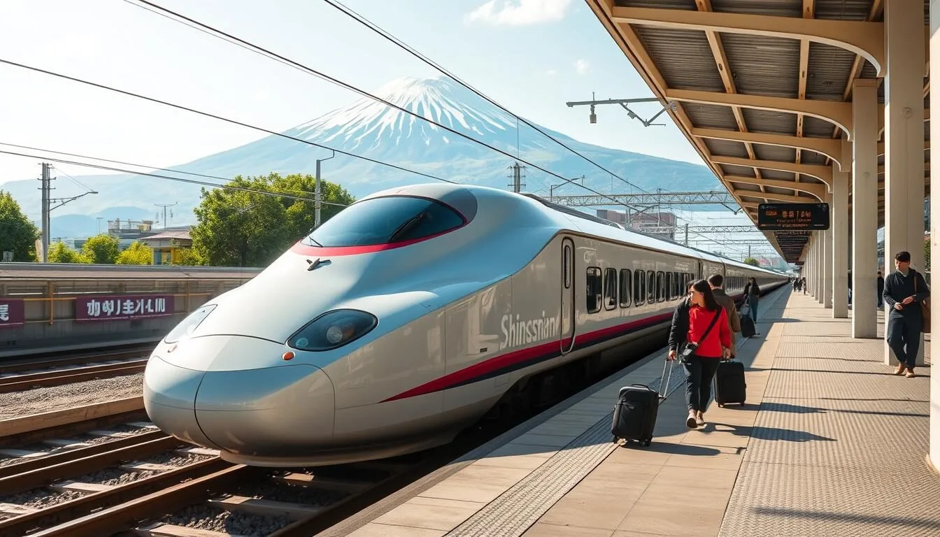 Shinkansen bullet train arriving at Hiroshima Station with Mount Misen visible in the background