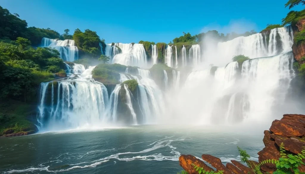 Shivanasamudra Falls with cascading water during monsoon season surrounded by lush greenery
