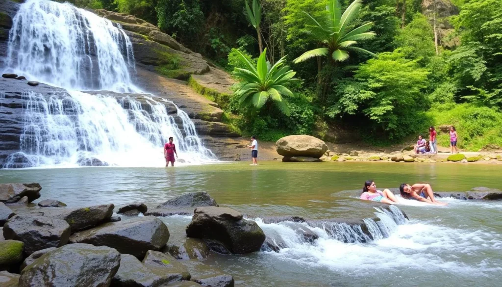 Shoilo Propat waterfall in Bandarban with visitors enjoying the cool water