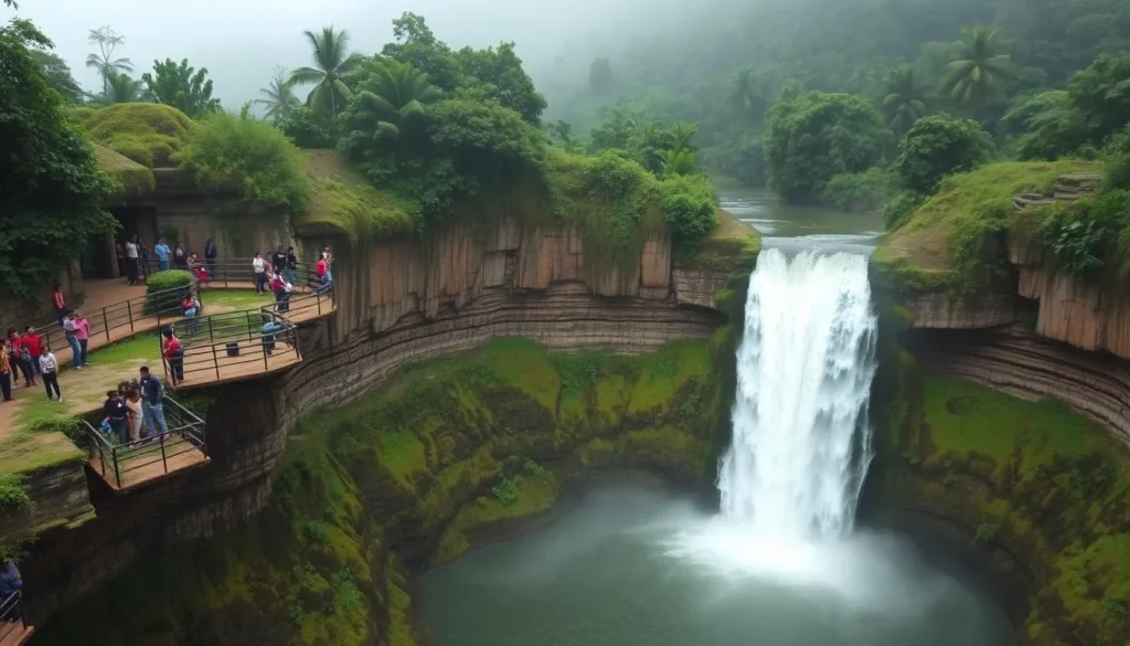 Shuvolong Waterfall cascading down rocky cliffs with lush vegetation