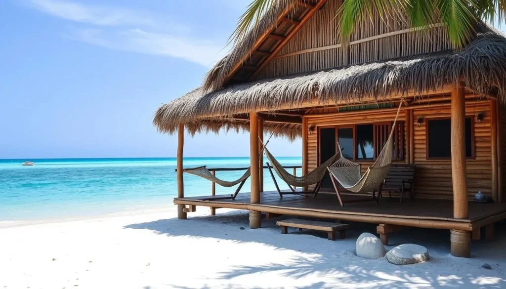 Simple beachfront accommodation on Linapacan Island with hammocks and traditional Filipino architecture