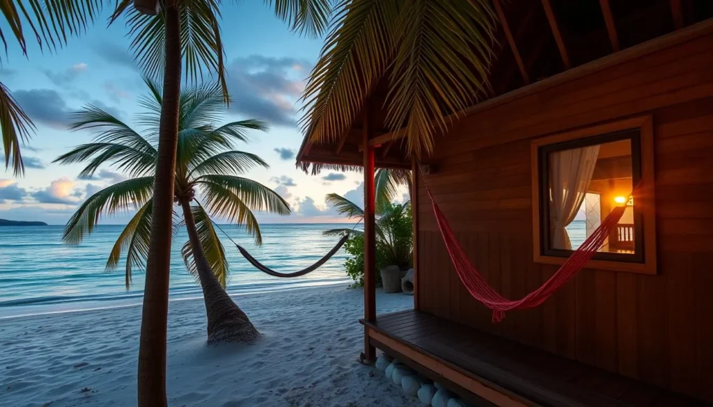 Simple beachfront accommodation on Olango Island, Philippines with hammocks and sunset view