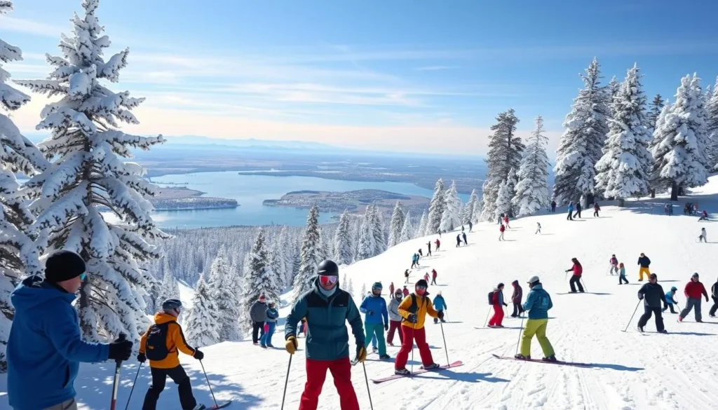 Skiers and snowboarders at Snow Summit with views of Big Bear Lake Skiers and snowboarders at Snow Summit with views of Big Bear Lake