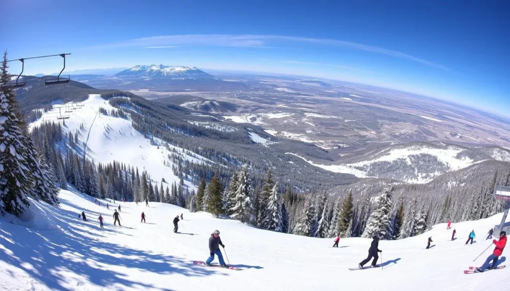 Skiers and snowboarders enjoying Powderhorn Mountain's varied terrain with Grand Mesa views