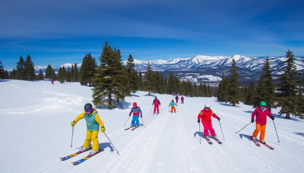 Skiers and snowboarders enjoying fresh powder at Bear Mountain ski resort, one of the popular Big Bear California things to do in winter