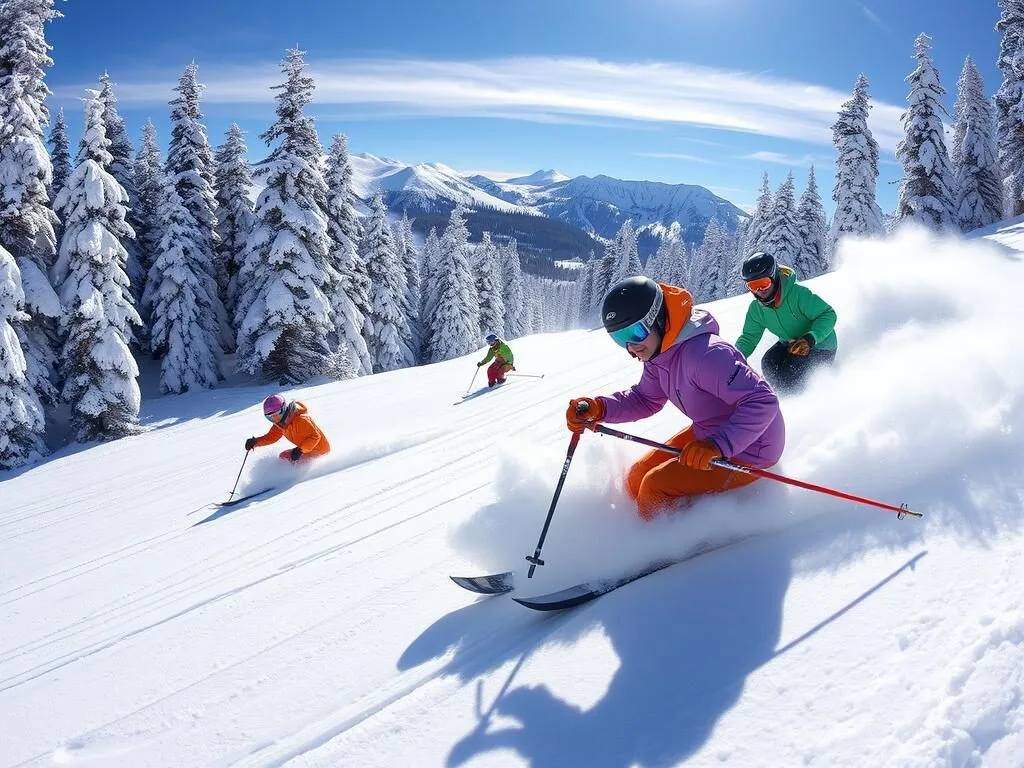 Skiers enjoying fresh powder at Wolf Creek Ski Area in winter Skiers enjoying fresh powder at Wolf Creek Ski Area in winter