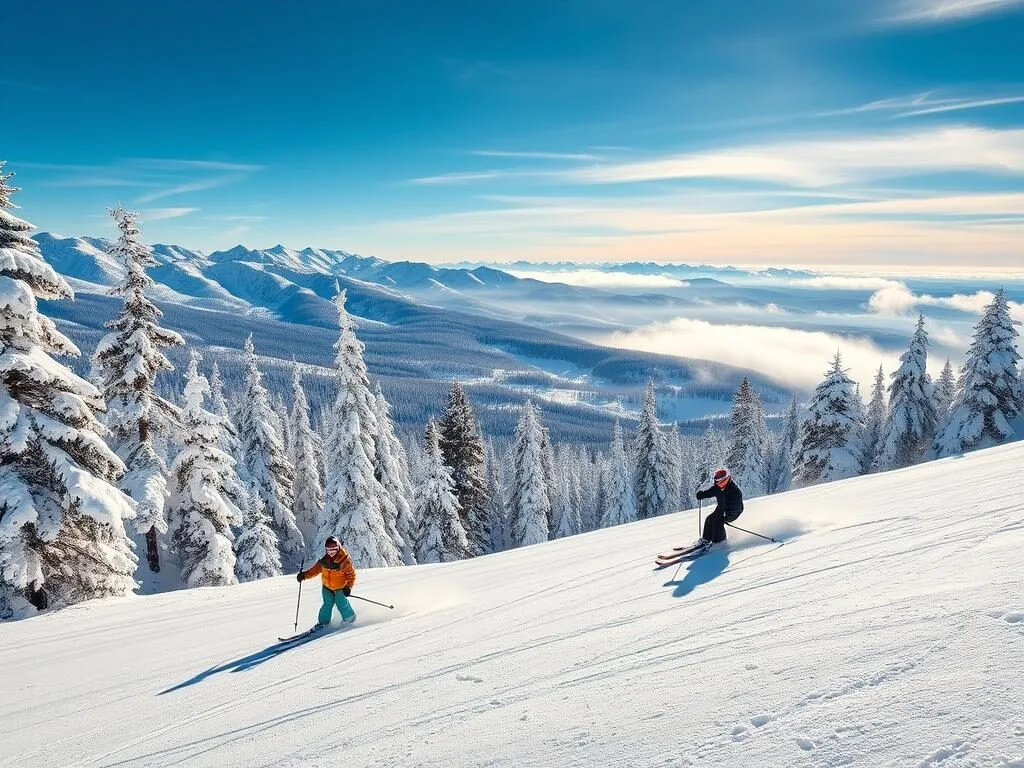 Skiers enjoying fresh powder snow at Powderhorn Mountain, Colorado during peak winter season