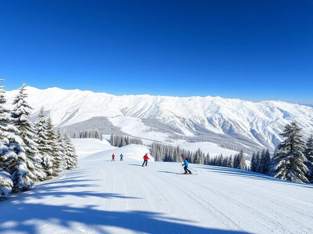 Skiers on the slopes of Gulmarg with snow-covered mountains in the background