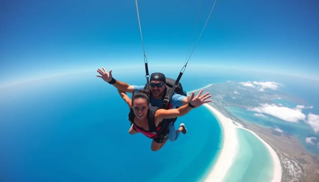Skydiving over Bantayan Island with aerial view of beaches and ocean Skydiving over Bantayan Island with aerial view of beaches and ocean