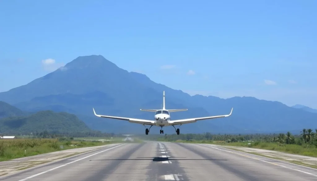 Small aircraft landing at Francisco B. Reyes Airport in Busuanga with mountains in the background