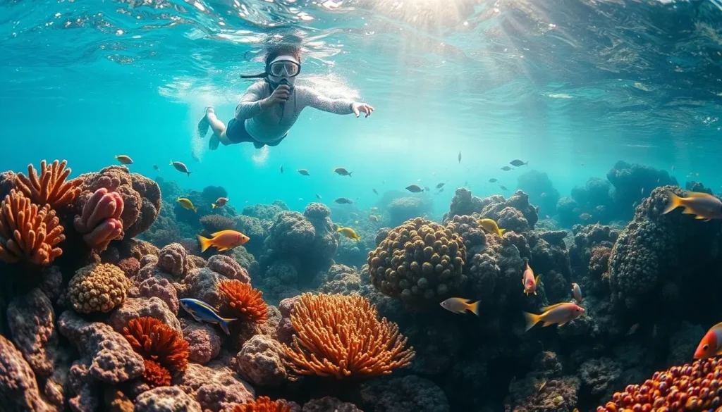 Snorkeler exploring colorful coral reef with tropical fish at Tubod Marine Sanctuary in Siquijor