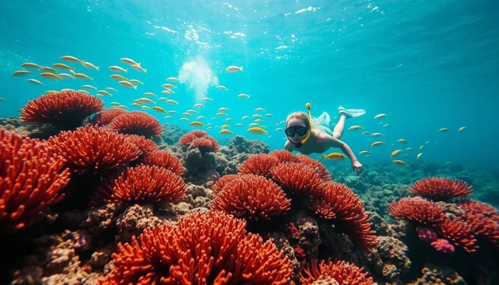 Snorkeler exploring the vibrant coral reefs in Sumilon Island's marine sanctuary Snorkeler exploring the vibrant coral reefs in Sumilon Island's marine sanctuary