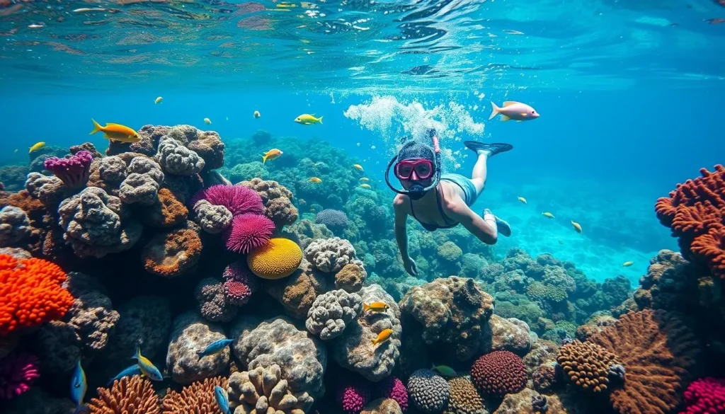 Snorkeler exploring vibrant coral reef with tropical fish in the Yaeyama Islands Snorkeler exploring vibrant coral reef with tropical fish in the Yaeyama Islands