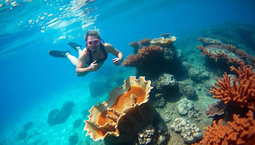 Snorkeler observing giant clams at Giant Clam Sanctuary in Samal Island Philippines Snorkeler observing giant clams at Giant Clam Sanctuary in Samal Island Philippines