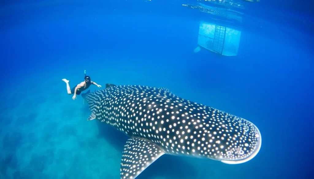 Snorkeler swimming alongside a gentle whale shark in the clear waters of Donsol, Bicol, Philippines Snorkeler swimming alongside a gentle whale shark in the clear waters of Donsol, Bicol, Philippines