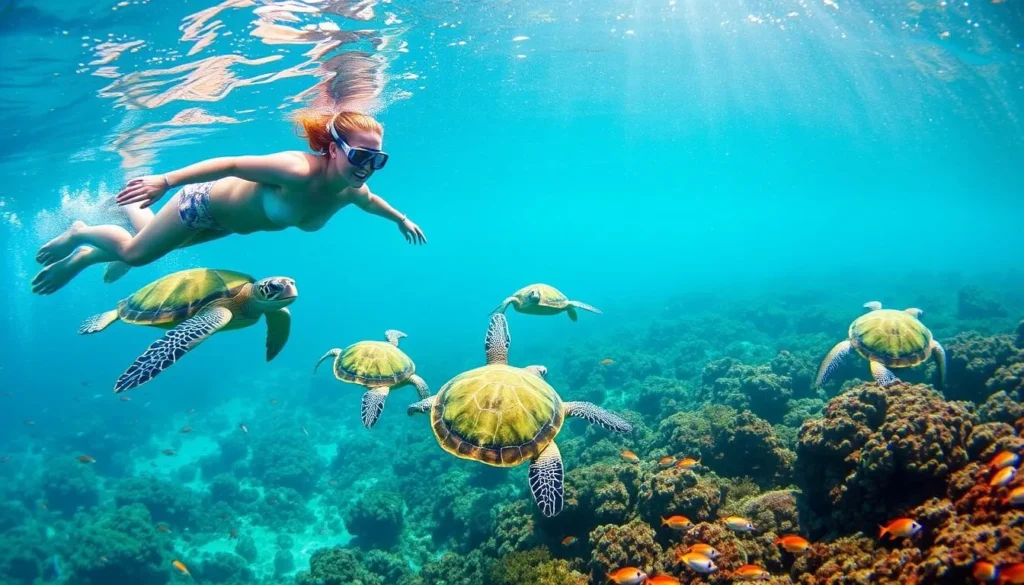 Snorkeler swimming with multiple sea turtles in the clear waters of Apo Island Marine Sanctuary Snorkeler swimming with multiple sea turtles in the clear waters of Apo Island Marine Sanctuary