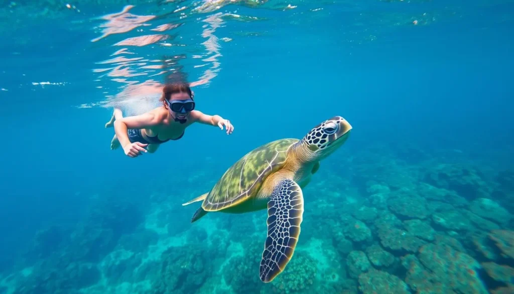 Snorkeler swimming with sea turtles at Apo Island marine sanctuary