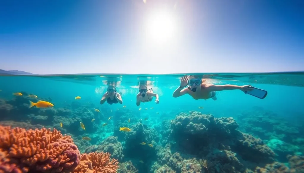 Snorkelers exploring coral reefs near Poro Island